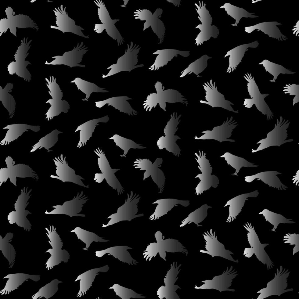 Vector seamless pattern with flying gradient crows on a black background. Mystical background with birds in the Halloween theme. Grey shades of birds, for printing on textiles and paper