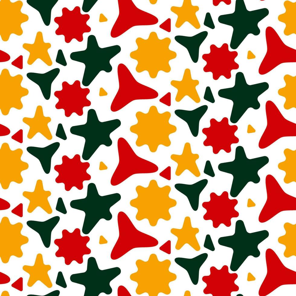 Cute abstract background of different colors. Triangle, star, flower in a modified form. Decoration for gift wrapping paper, fabric, clothing, textiles, texture, scrapbook. Vector illustration