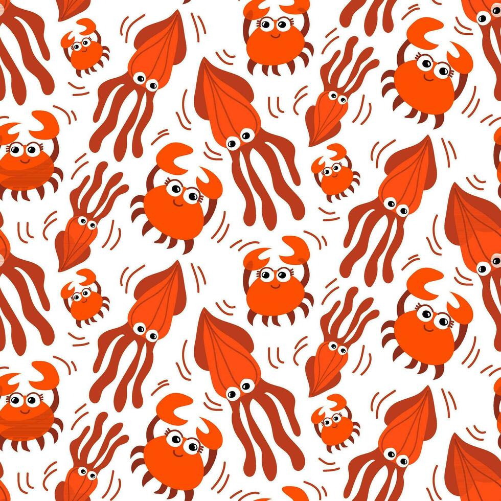 Vector seamless pattern Underwater. Repeat the background with squid and crabs in motion. Funny illustration of orange-colored floating aquatic animals with cute emotions. Gift packaging