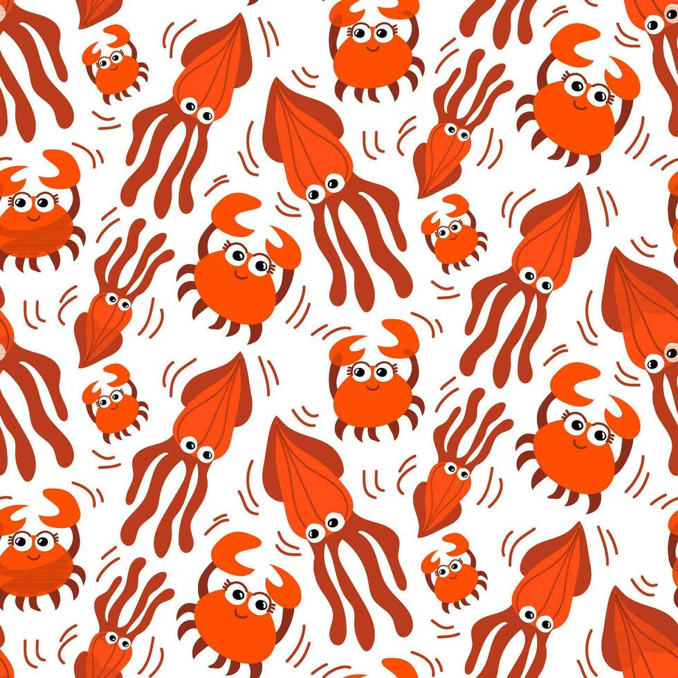 Vector seamless pattern Underwater. Repeat the background with squid and crabs in motion. Funny illustration of orange-colored floating aquatic animals with cute emotions. Gift packaging