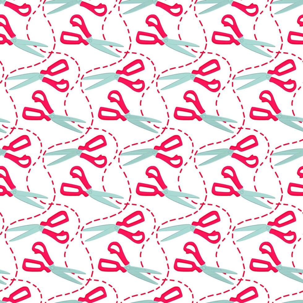 A pattern of colored pink sewing scissors with a contour for cutting. Model of scissors. Vector illustration. Printing on textiles and paper, seamless on a white background