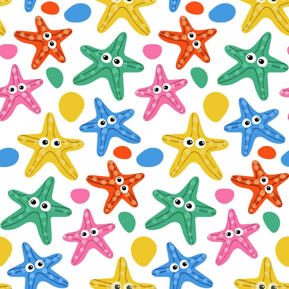 Seamless vector pattern with cute colorful bright starfish. Children's marine illustration. Summer hand-drawn background for packaging, wrapping paper, banner, print, postcard, gift, fabric