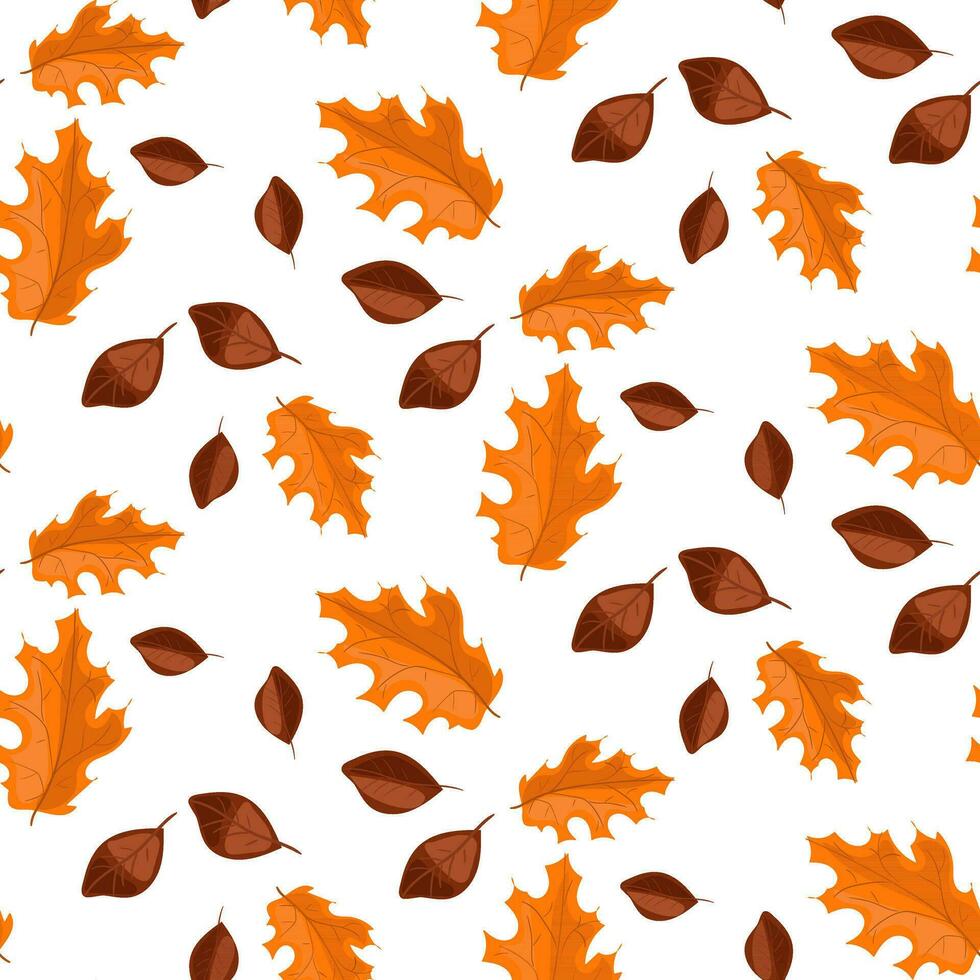 A pattern of autumn leaves in brown and orange tones. Fallen leaves. Flat design. Great for creating backgrounds, clothing and editorial design, postcards, gift wrapping paper, home decor, etc vector