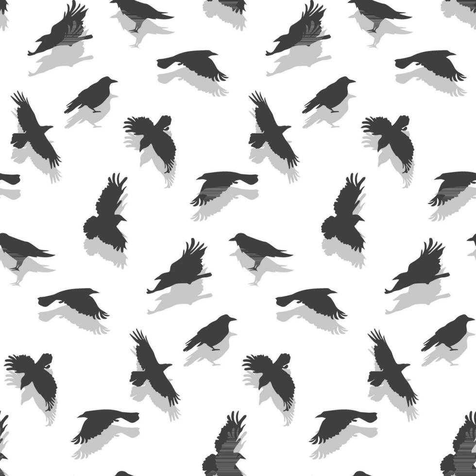 Vector seamless pattern with flying gray crows with a shadow on a white background. Mystical background with birds in the Halloween theme. Grey shades of birds, for printing on textiles and paper