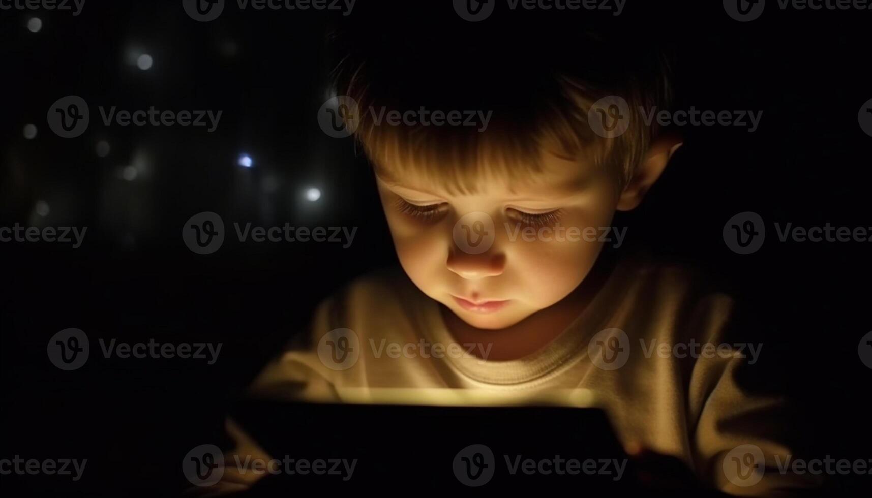 Cute Caucasian toddler playing on digital tablet, illuminated by screen generated by AI photo