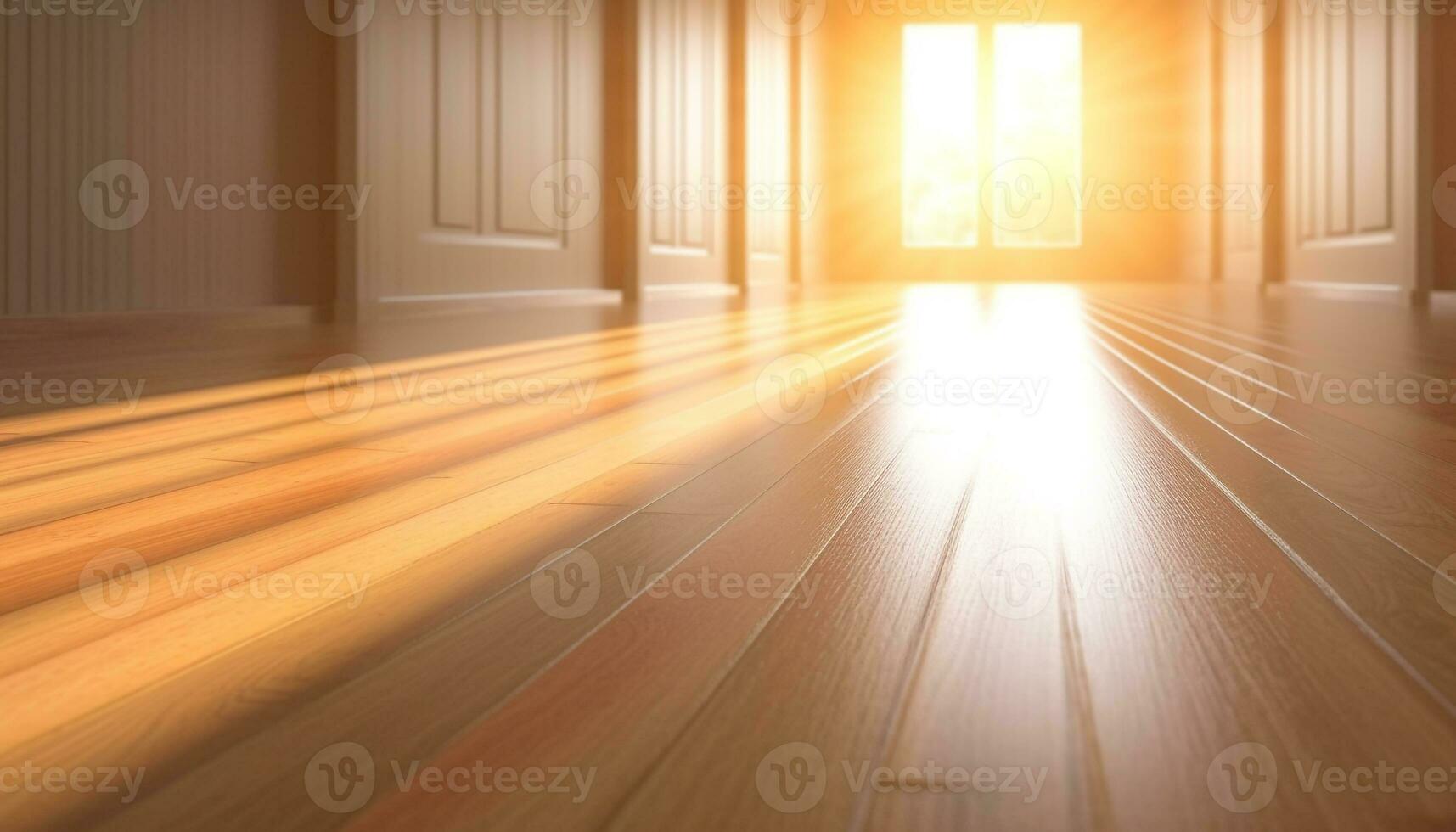 Sunlight illuminates modern apartment corridor with striped flooring and empty space generated by AI photo