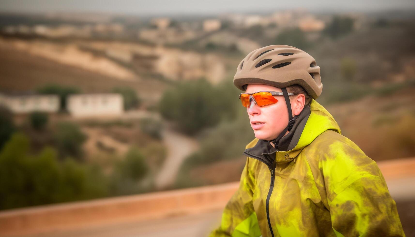 One man cycling through mountain landscape, enjoying healthy lifestyle adventure generated by AI photo