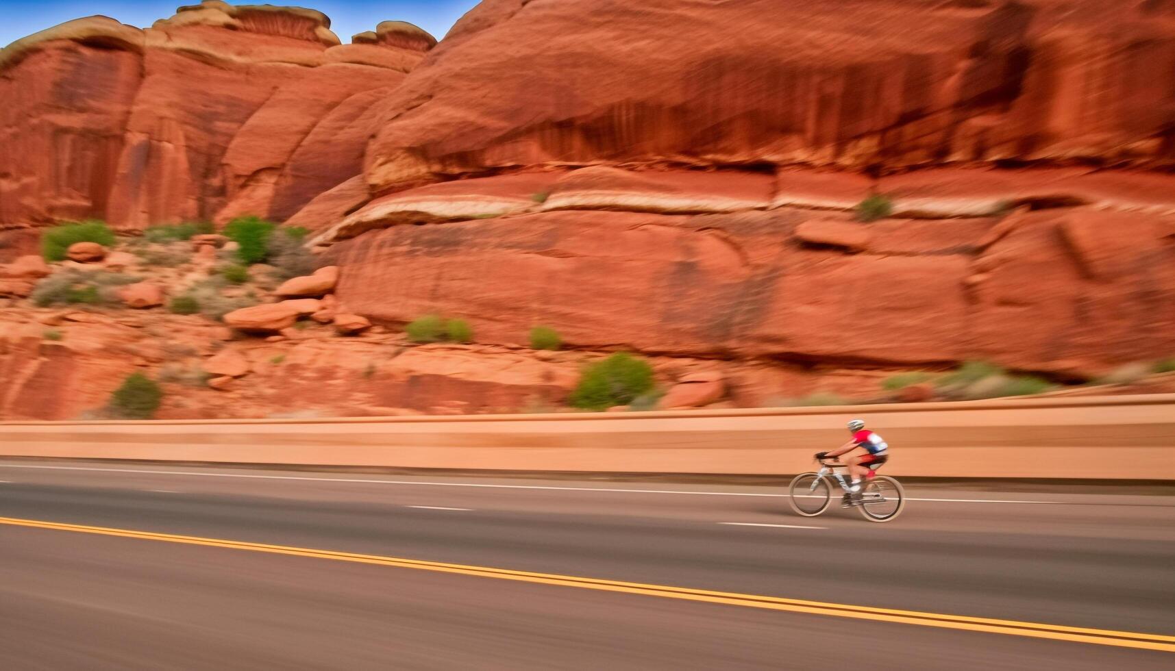 Men and women cycling through eroded sandstone terrain with speed generated by AI photo