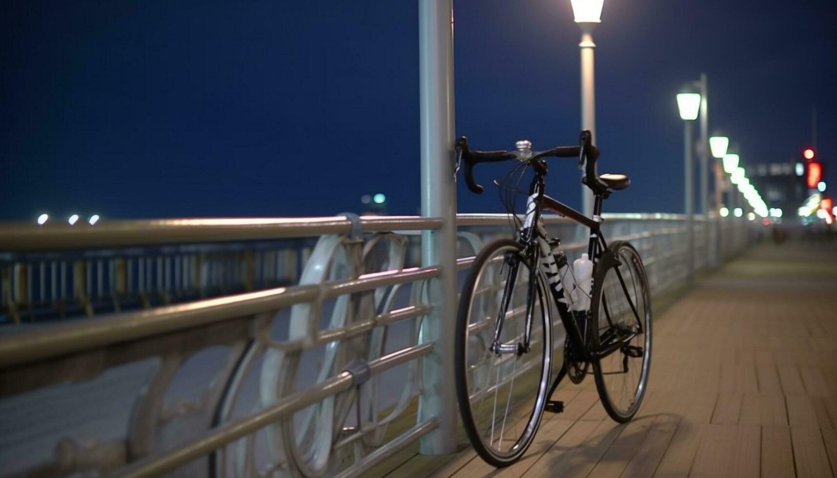 Blue bicycle speeds through illuminated city street at dusk generated by AI photo