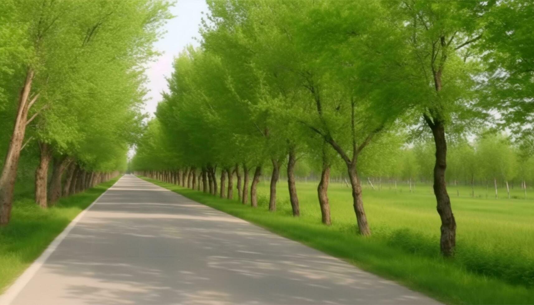 Green grass and trees line the single lane country road generated by AI photo