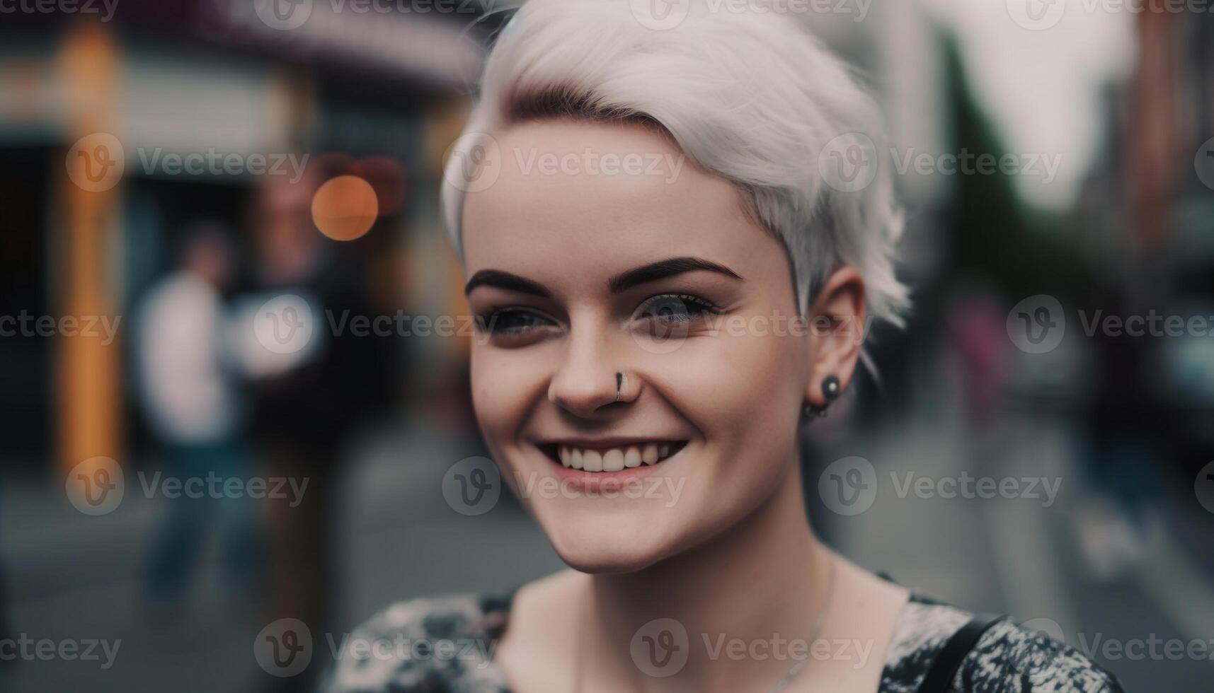 One beautiful woman, smiling candidly, looking at camera outdoors generated by AI photo