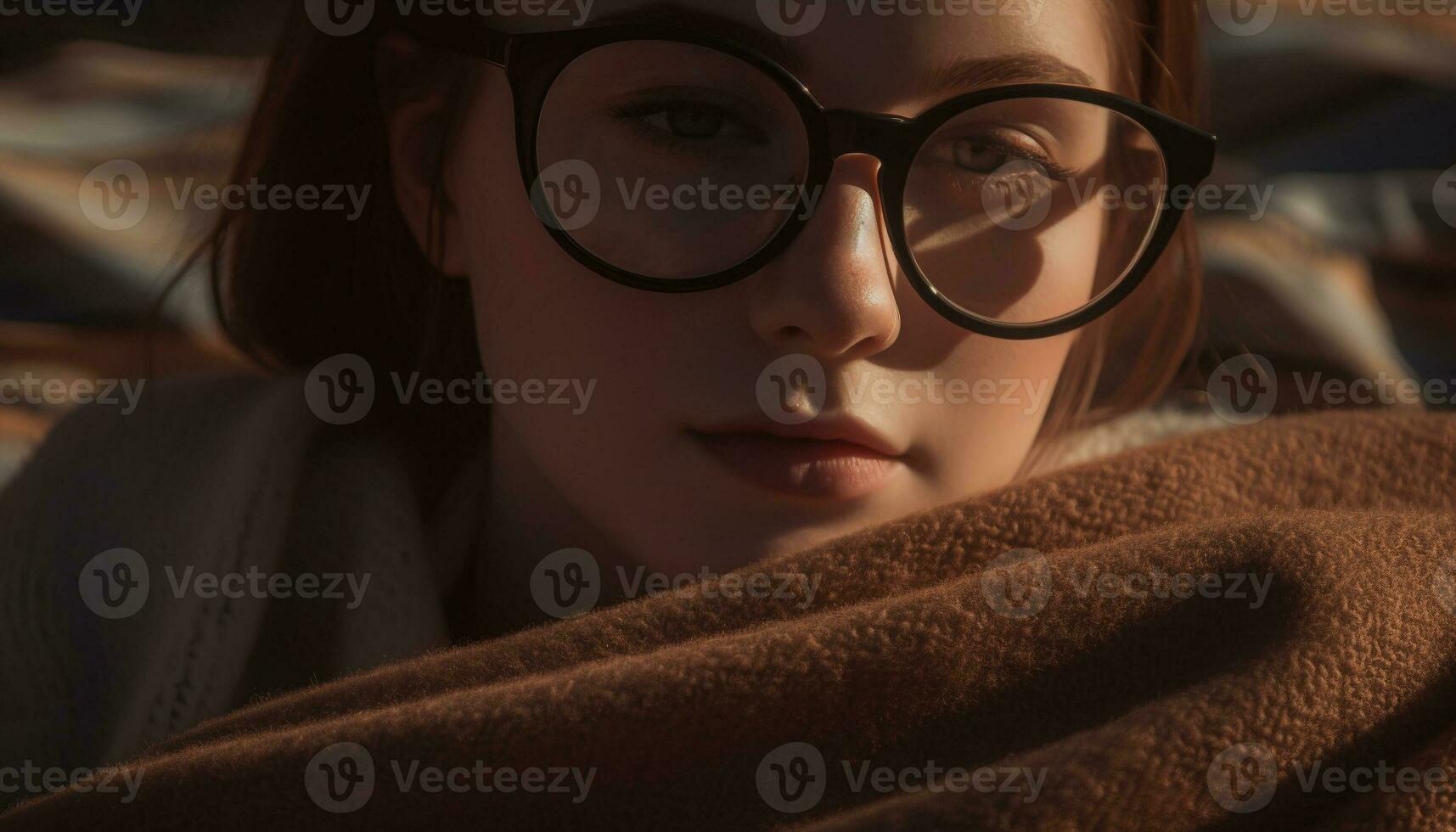 One young adult woman, with brown hair and eyeglasses, looking generated by AI photo