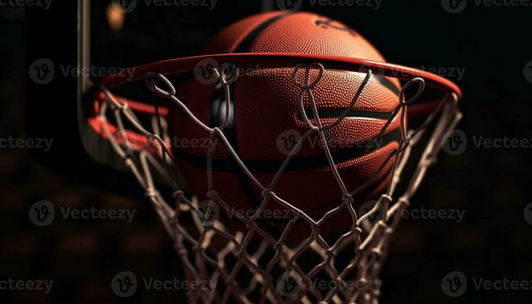 Basketball ball dribbling through basketball hoop in competitive sport success generated by AI photo