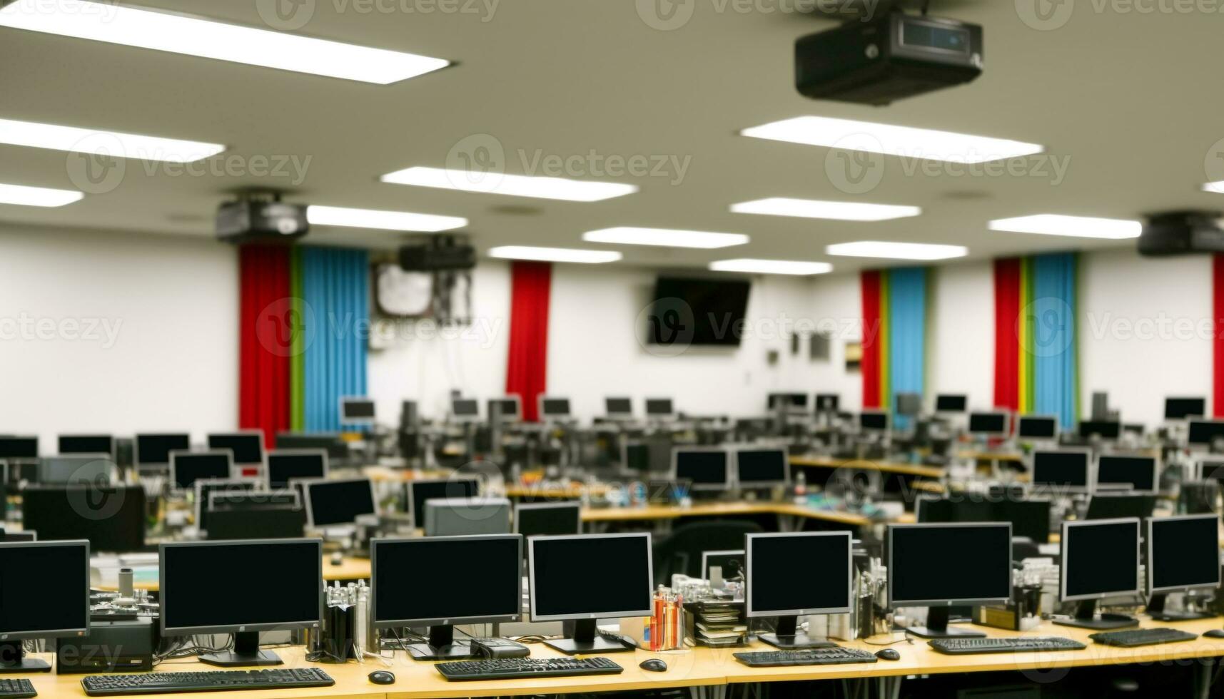 Modern classroom with empty chairs and desktop PCs in a row generated by AI photo