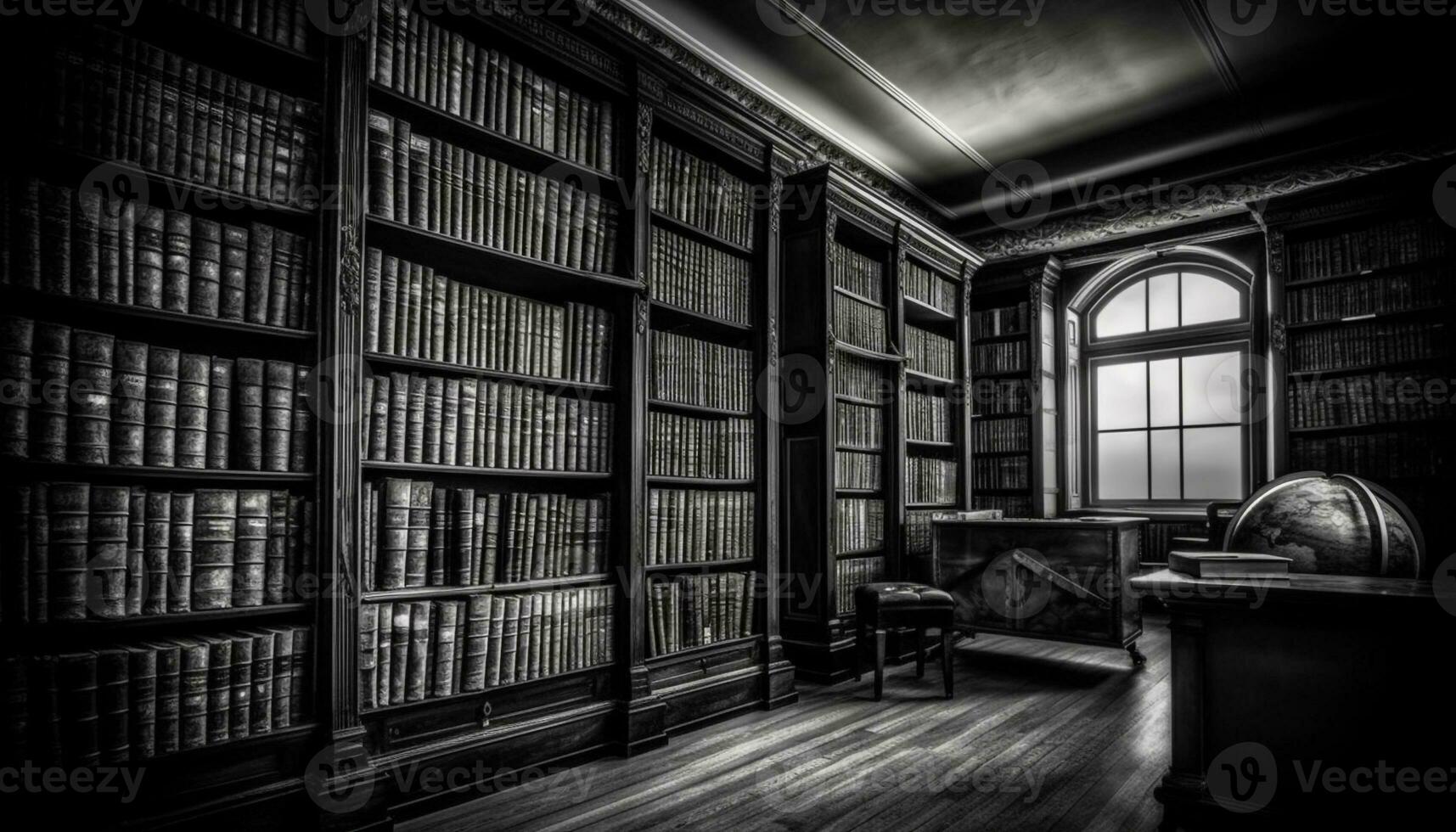 Antique literature collection on old fashioned bookshelf in library indoors generated by AI photo