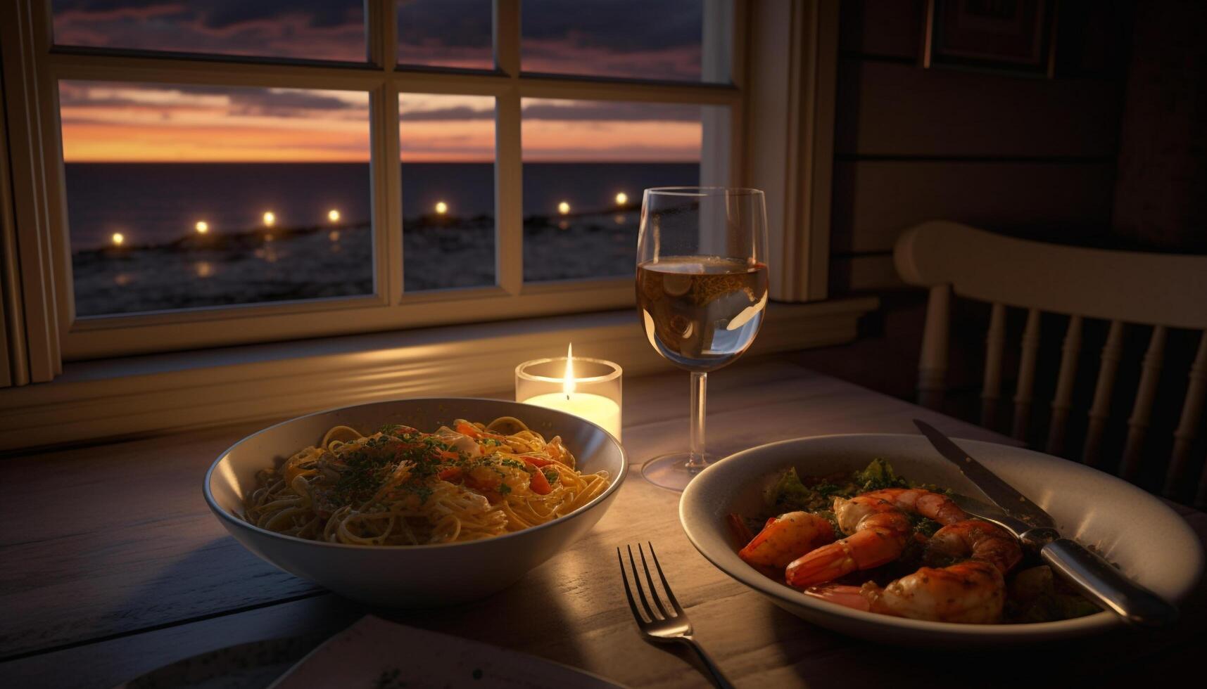 Sunset romance Grilled seafood, white wine, candlelight, and lemon freshness generated by AI photo