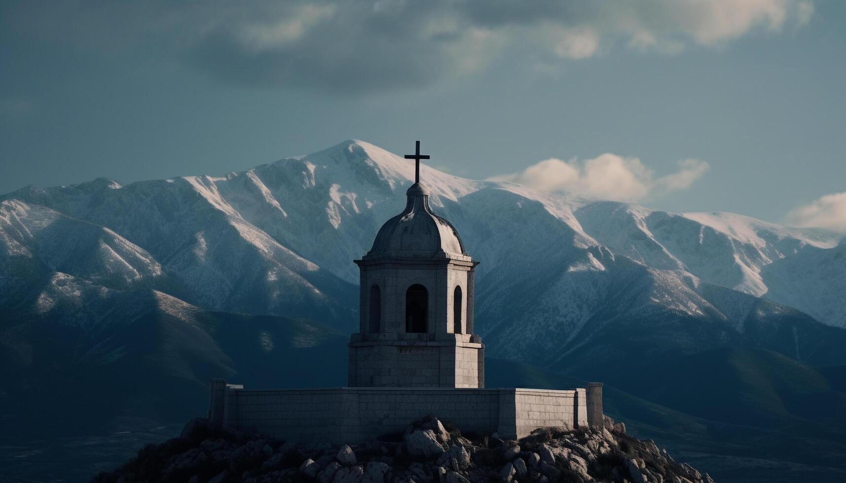 Mountain chapel symbolizes spirituality and religion in tranquil nature scene generated by AI photo