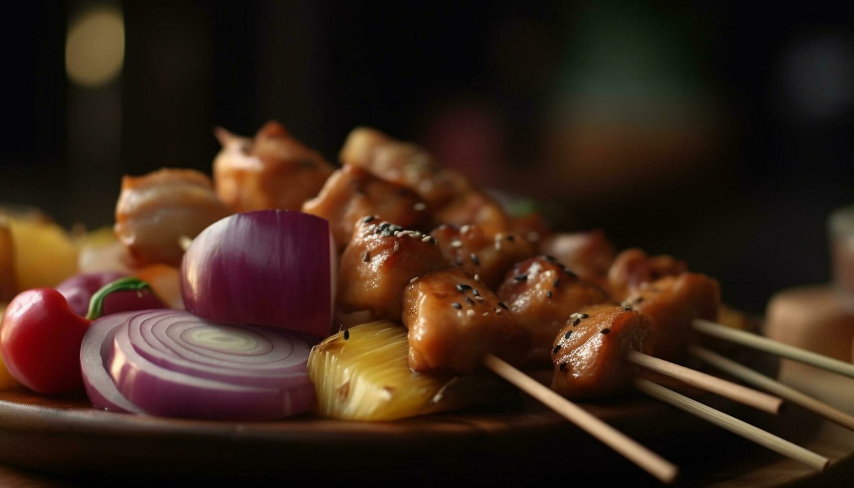 Grilled meat skewer with vegetables, a gourmet barbecue meal generated by AI photo