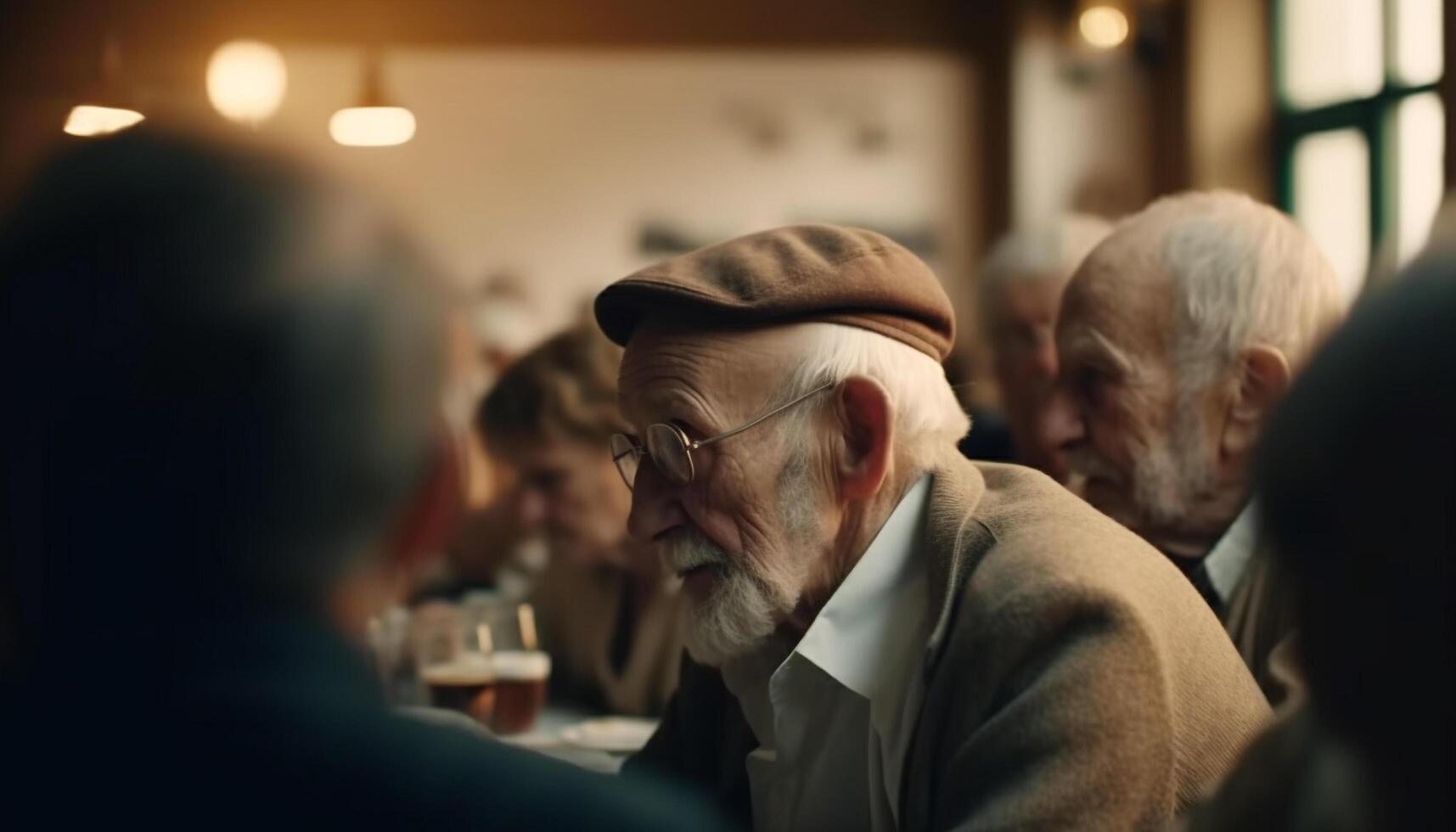 Senior men and women sitting together, enjoying retirement celebration generated by AI photo