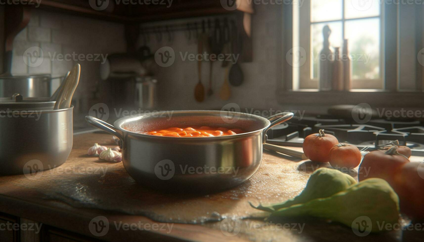 Healthy vegetarian soup cooking on rustic stove top in kitchen generated by AI photo