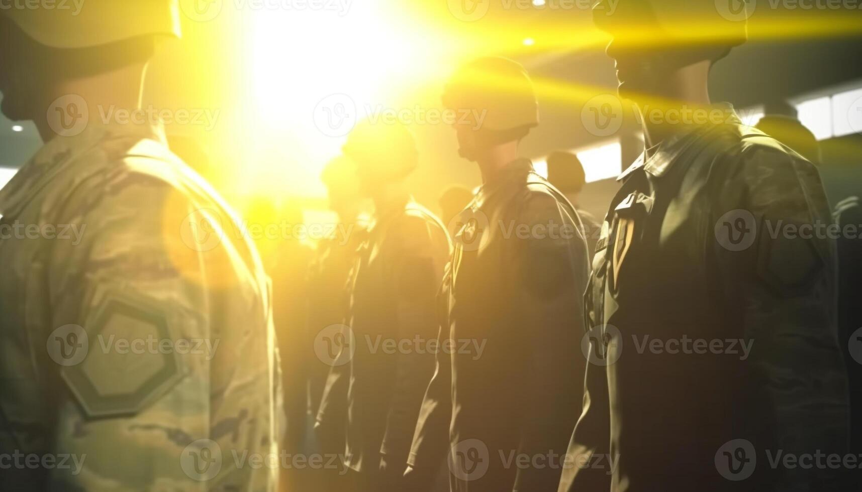 Sunset army walking, armed forces in uniform, city life event generated by AI photo