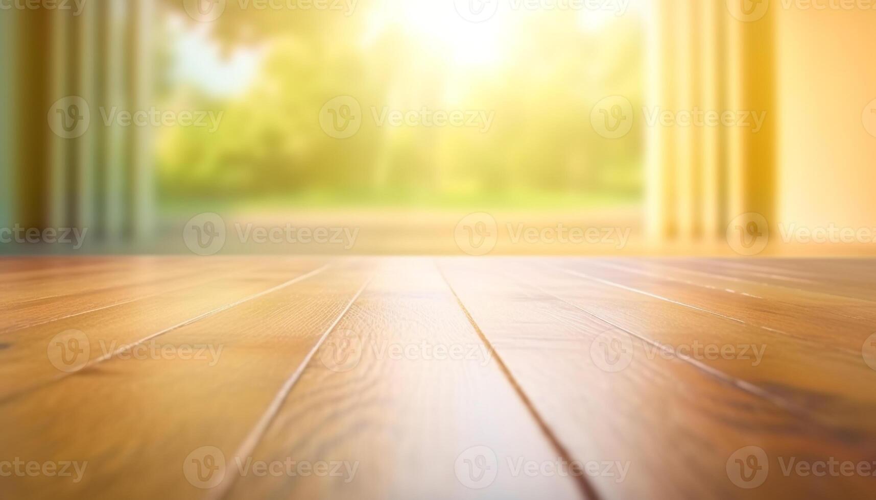 Sunlight streams through window onto hardwood table in empty room generated by AI photo