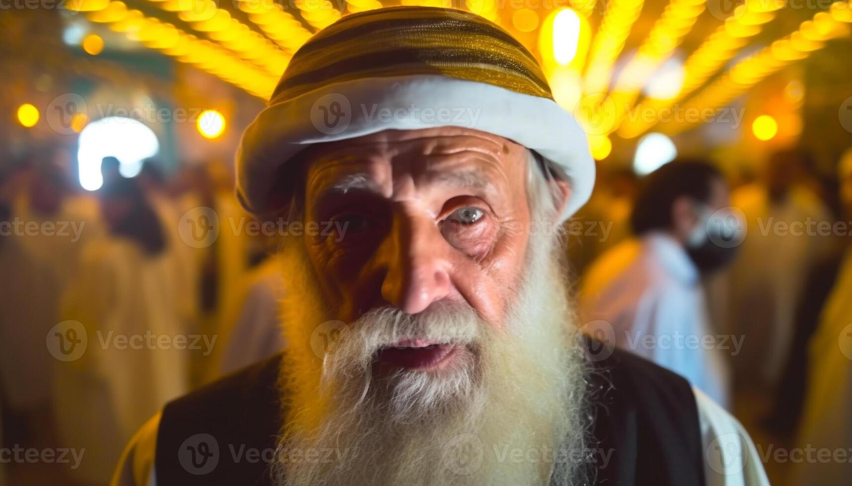 Smiling senior man in traditional clothing celebrates winter festival outdoors generated by AI photo