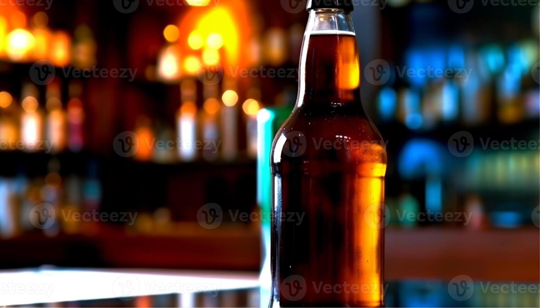 Refreshing beer glass on bar counter illuminated in happy hour generated by AI photo