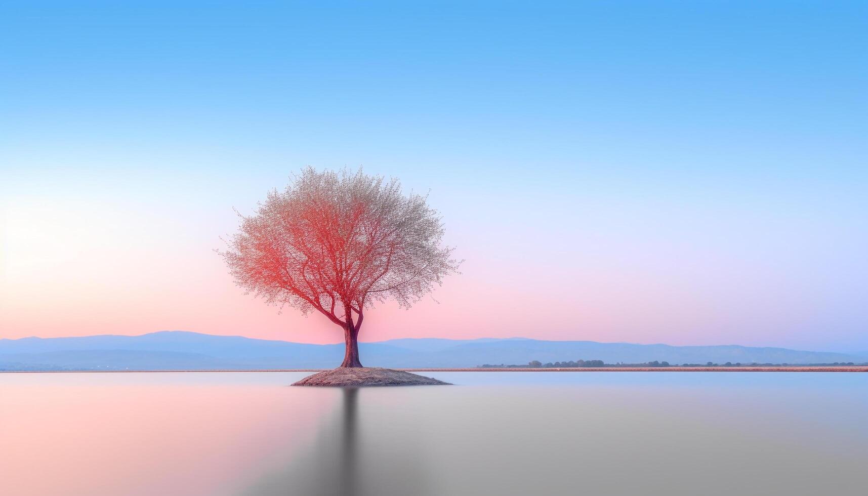 Tranquil scene of nature sunset, tree, reflection, water, beauty generated by AI photo