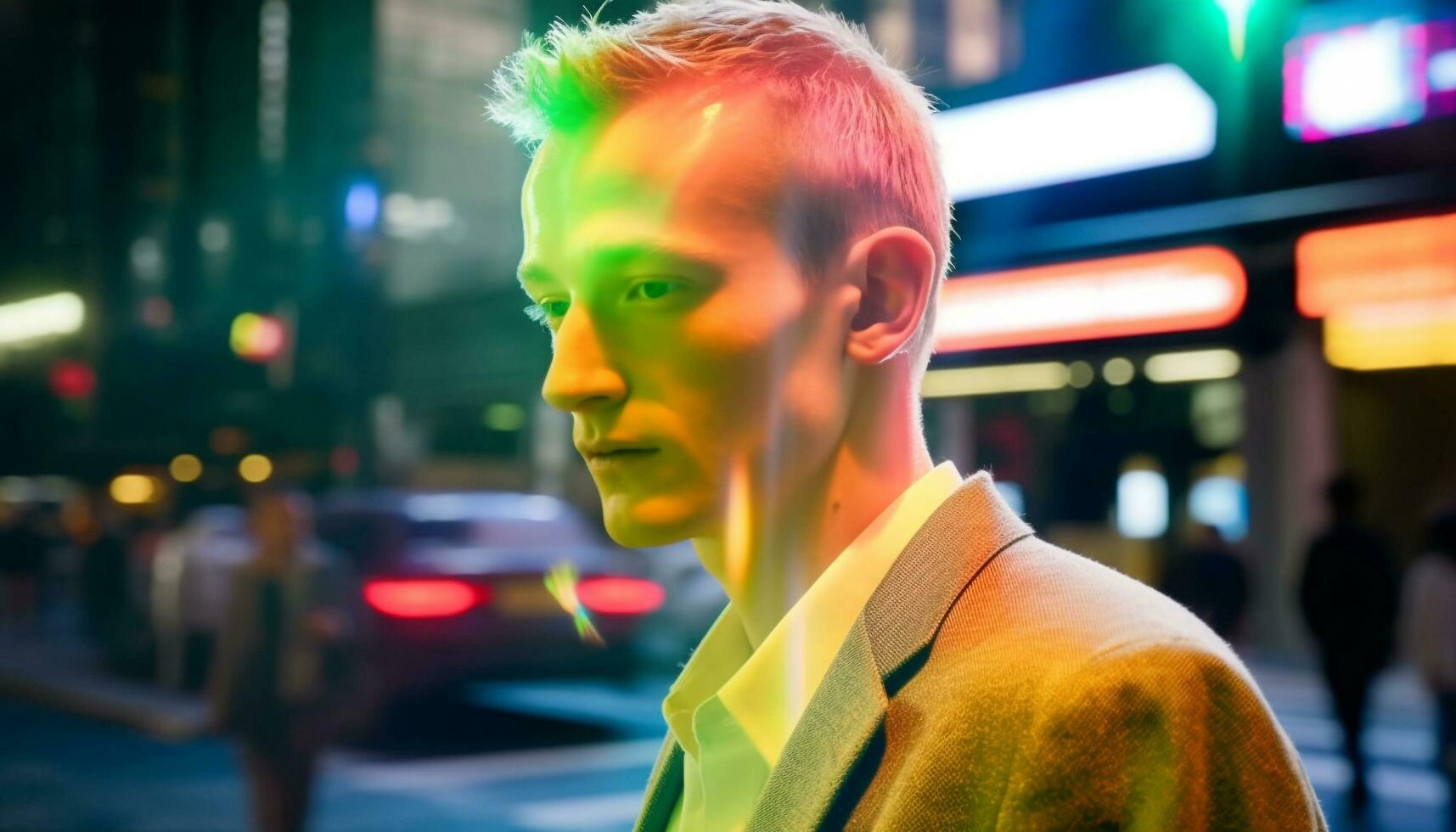 Young adult men walking in vibrant city street at dusk generated by AI photo