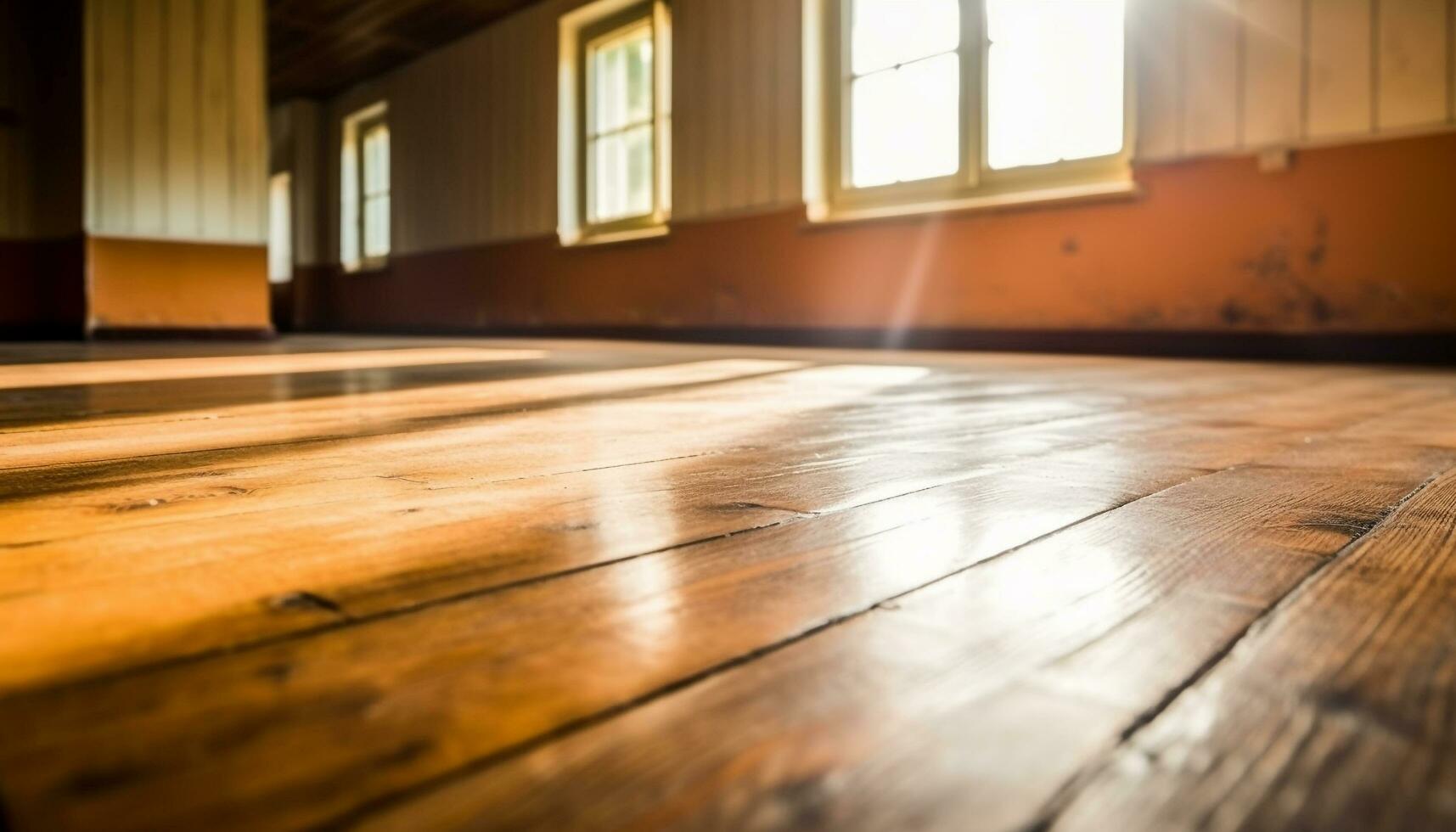 Old hardwood flooring in empty domestic room with rustic architecture generated by AI photo