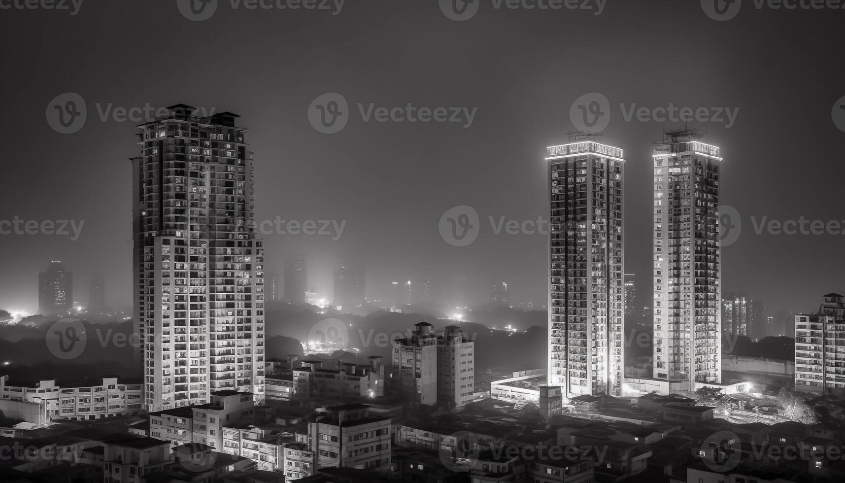 Modern skyscrapers illuminate the crowded city skyline at dusk generated by AI photo