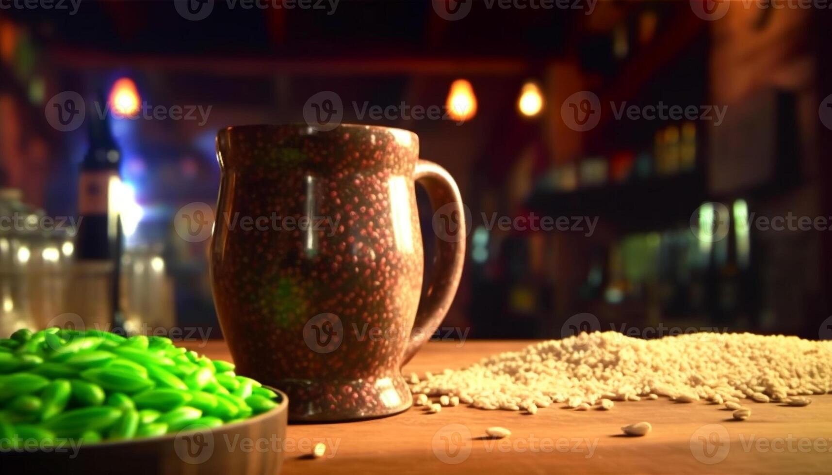 Fresh coffee in rustic mug on wooden table, no people generated by AI photo