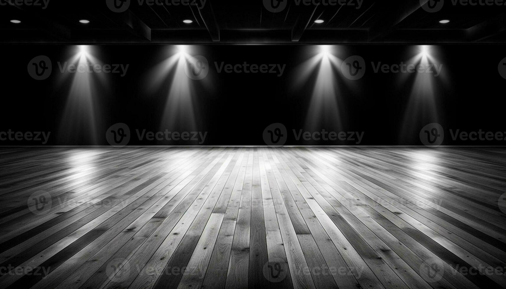 Bright spotlight illuminates modern stage in empty performance space indoors generated by AI photo
