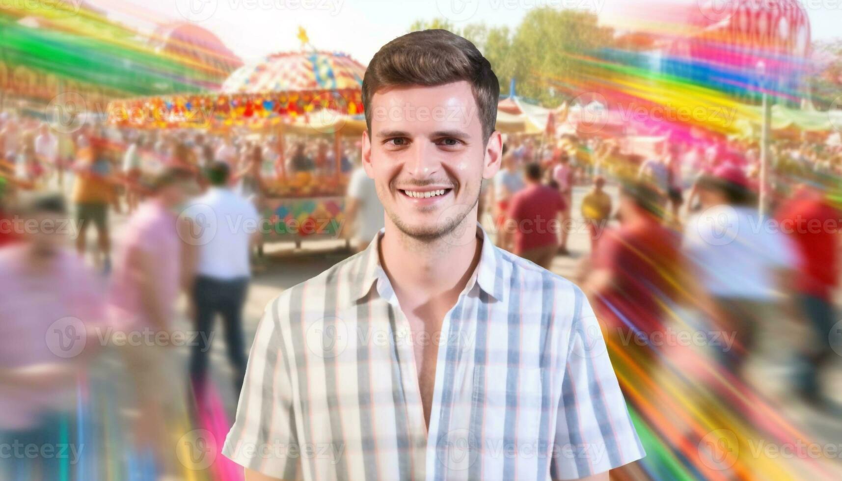 Young adults smiling, enjoying traditional festival with multi colored carnival rides generated by AI photo