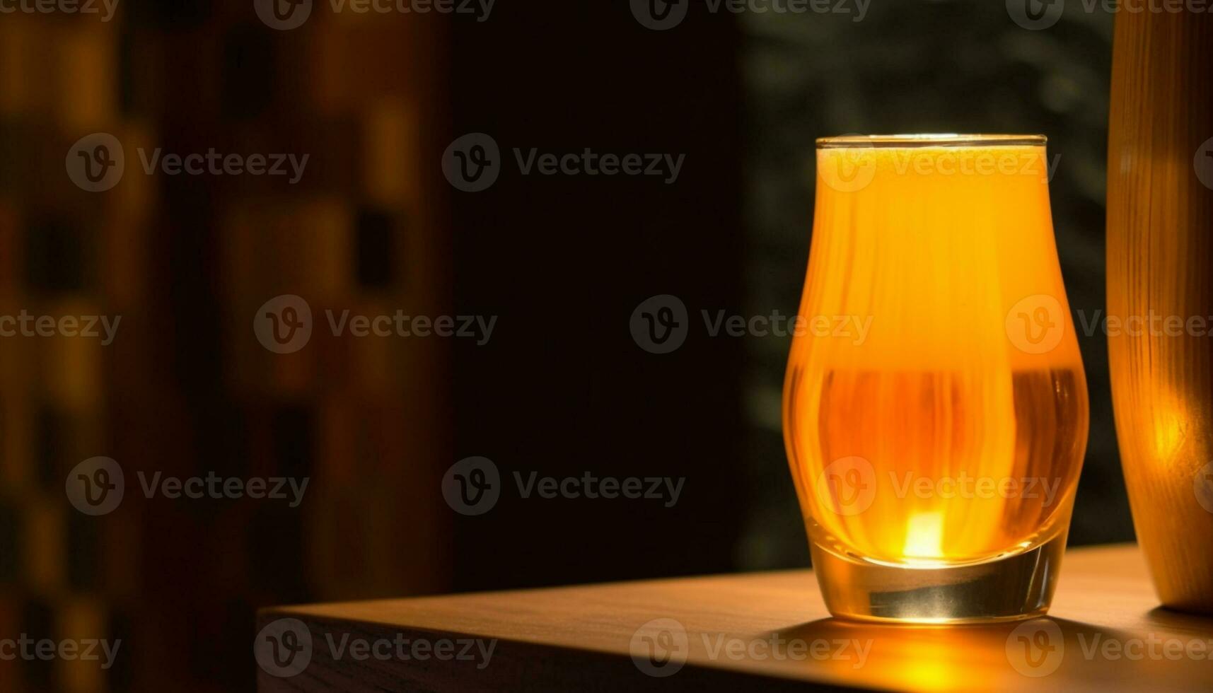 refrescante cóctel en de madera bar, iluminado por brillante naranja reflexión generado por ai foto
