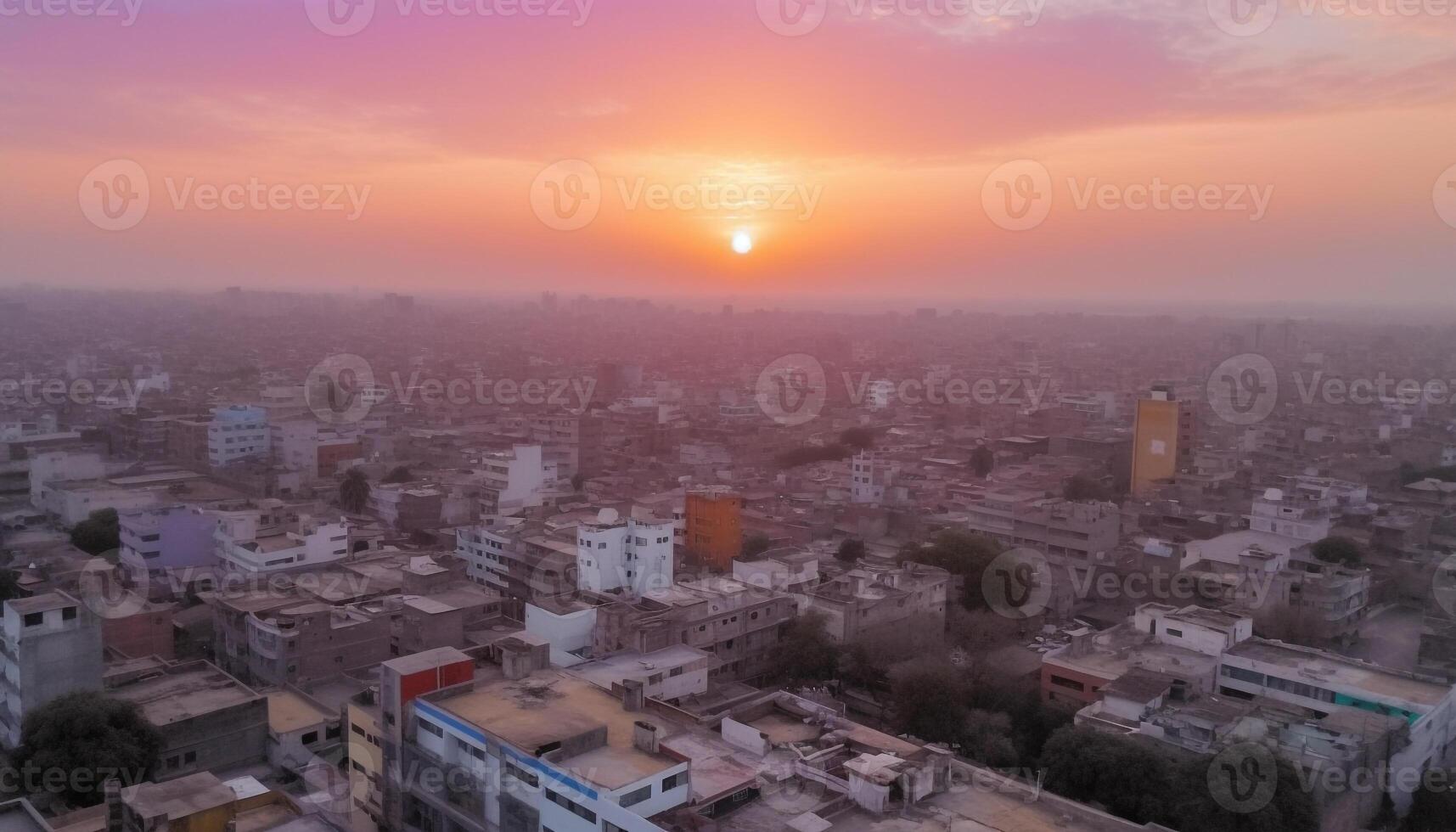 Multi colored skyline at dusk, city life high up above generated by AI photo