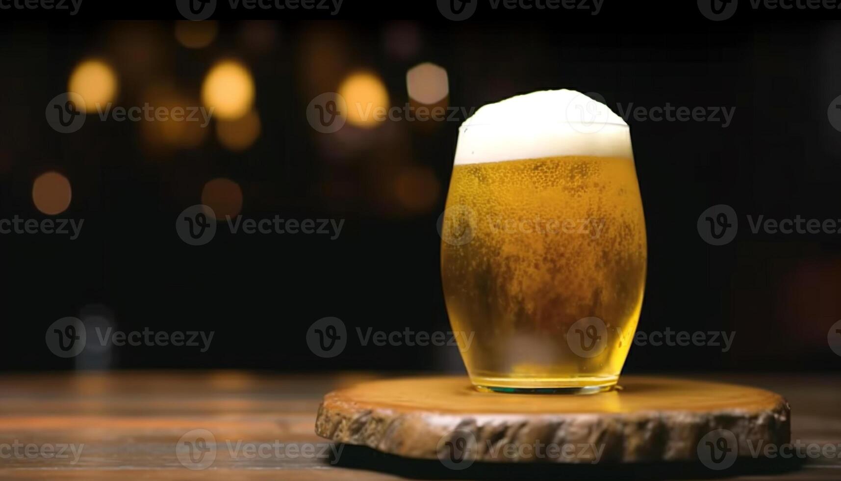 espumoso cerveza en oro medio litro vaso en oscuro de madera mesa generado por ai foto