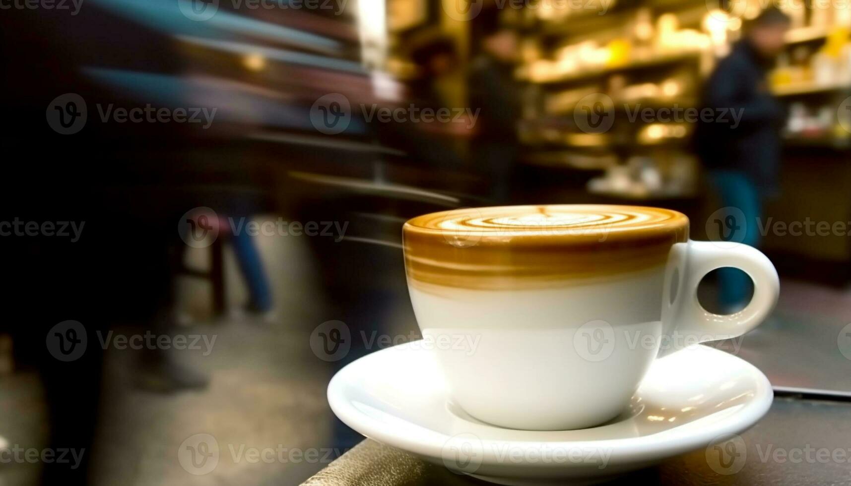 espumoso capuchino en café taza, servido en mesa adentro generado por ai foto