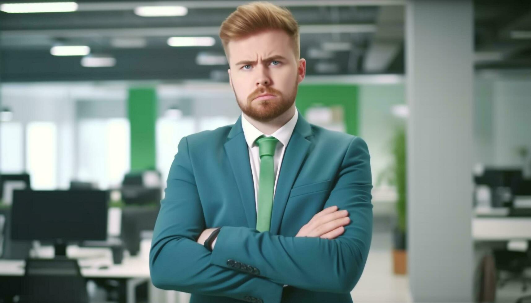 Confident businessman in suit standing outdoors, arms crossed, looking professional generated by AI photo