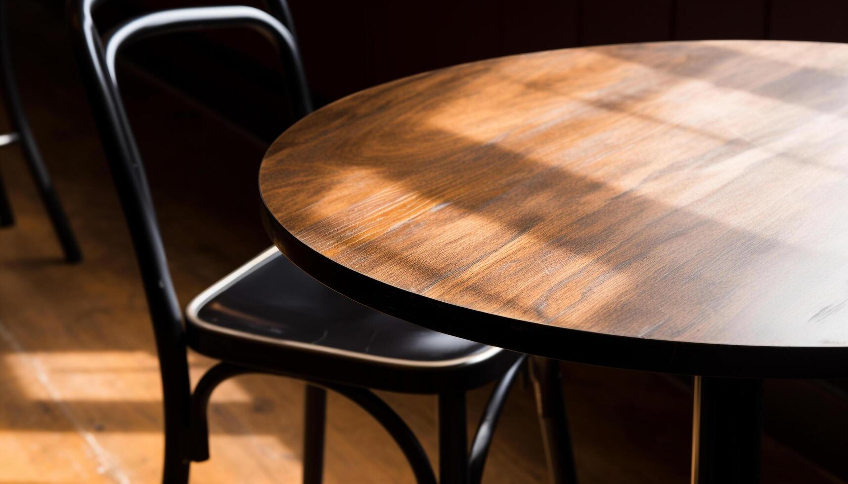 Empty cafeteria with rustic wooden chairs and modern steel tables generated by AI photo