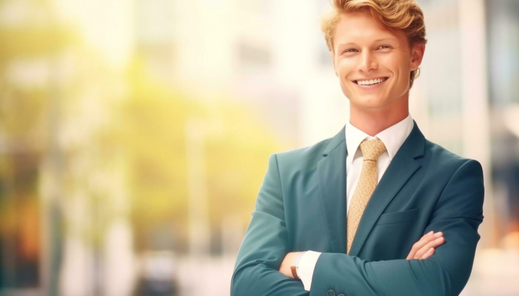 Successful businessman standing outdoors, looking confident with a toothy smile generated by AI photo