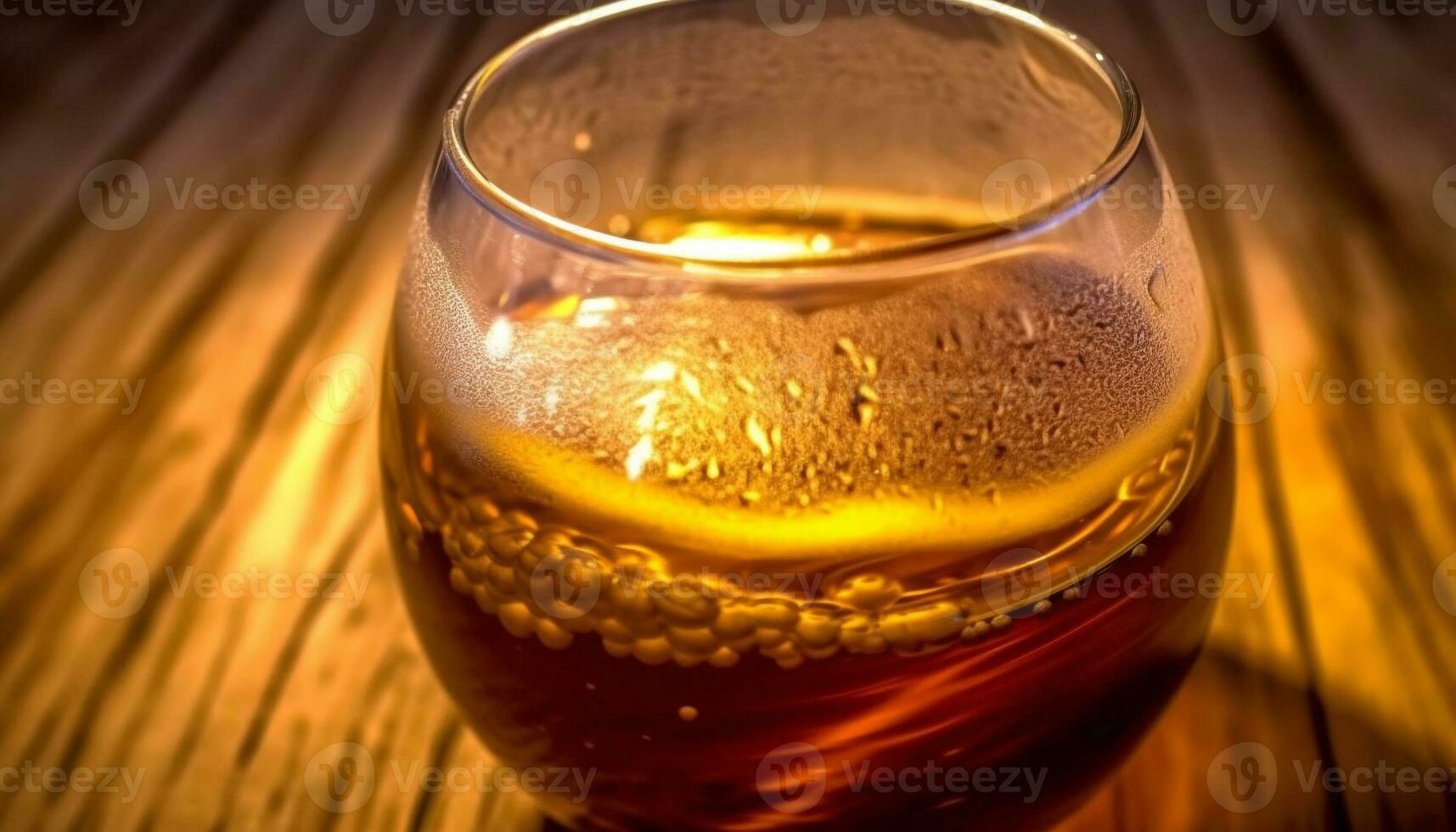 Refreshing liquid drops wet beer glass on wooden table outdoors generated by AI photo