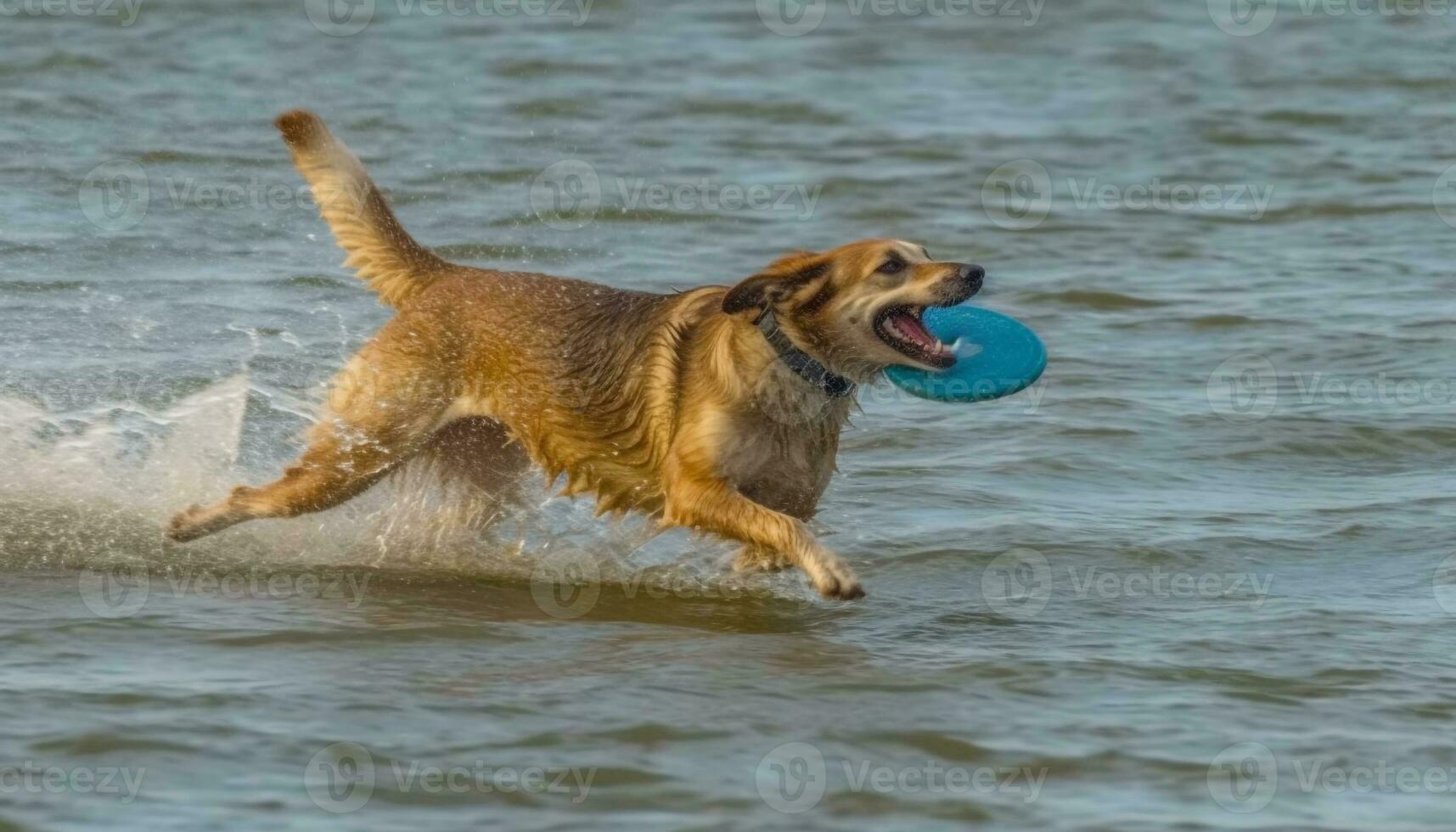 Playful retriever catching plastic disc in the blue wave generated by AI photo