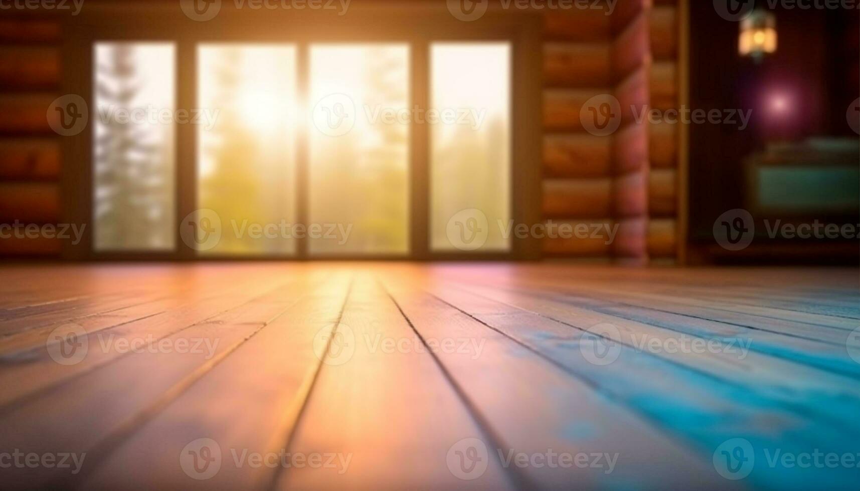 puesta de sol ilumina moderno Departamento con madera dura piso y resumen diseño generado por ai foto