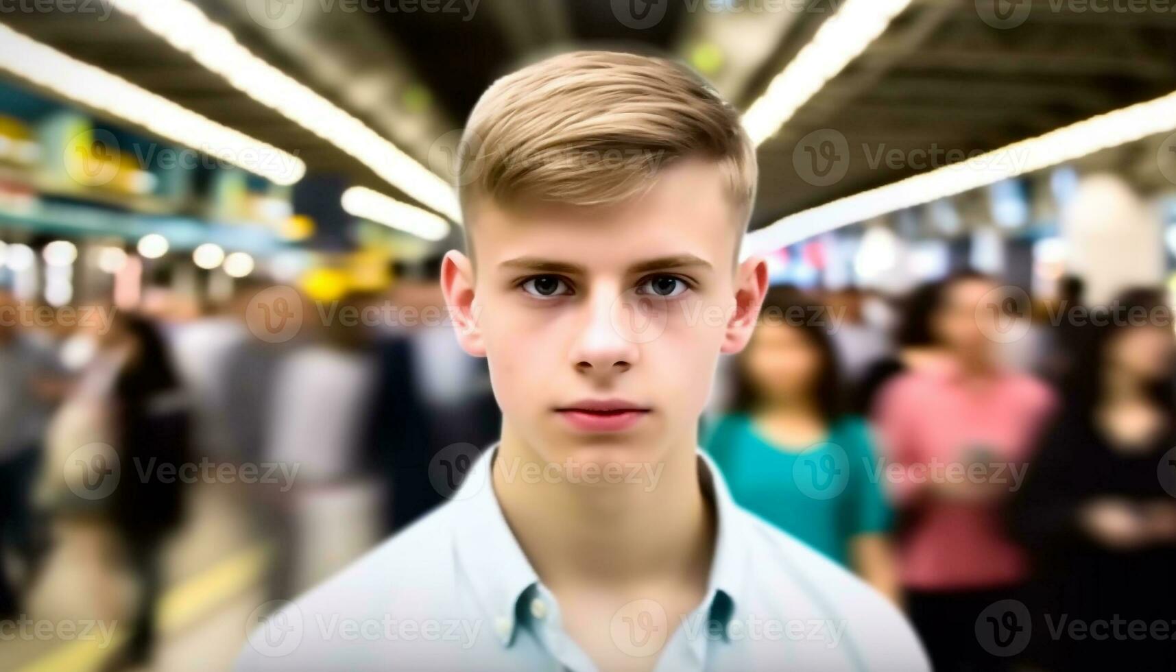 Smiling schoolboy standing confidently, ready for his daily commute generated by AI photo