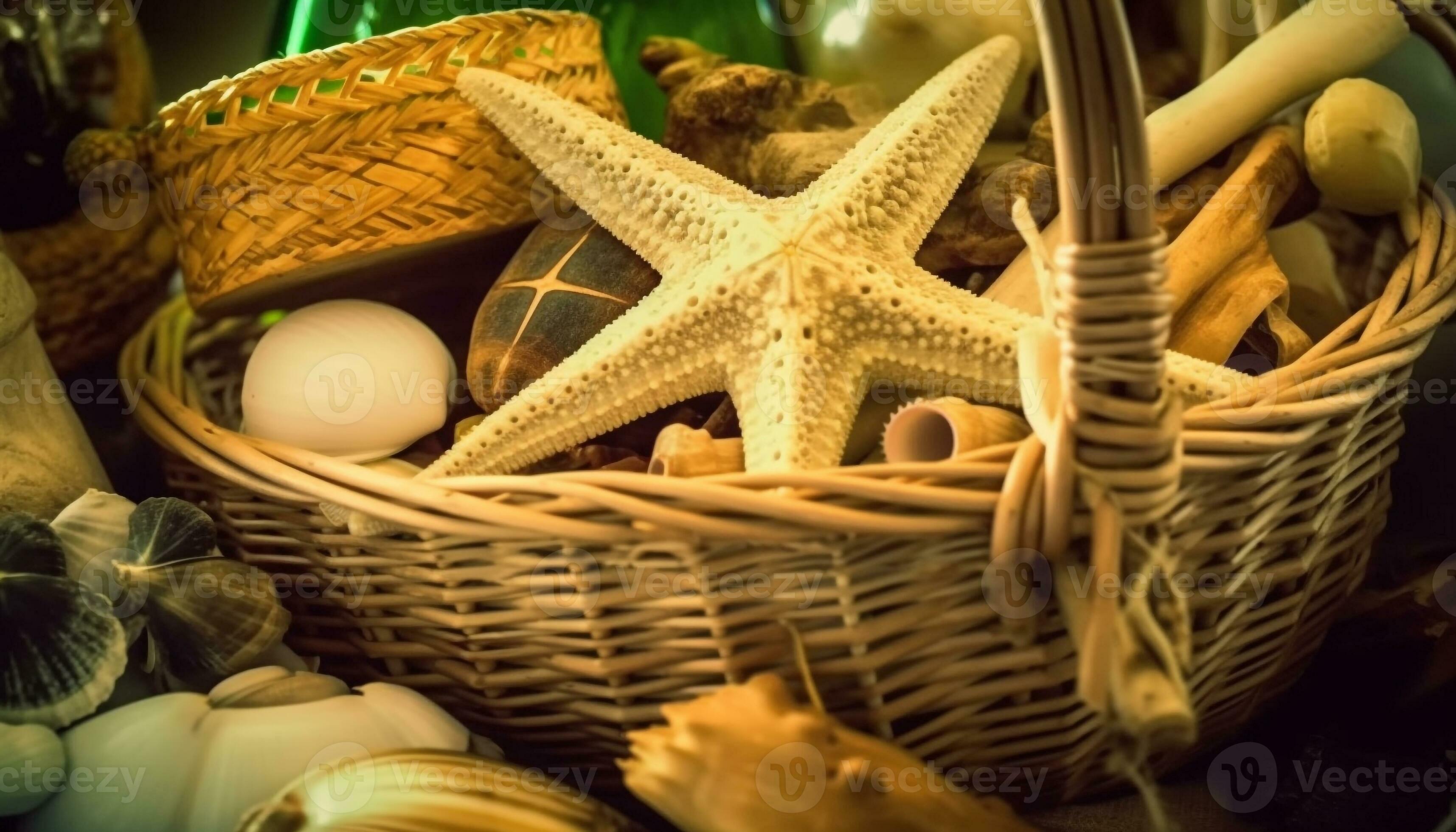Colorful seashell collection decorates wicker basket for beach