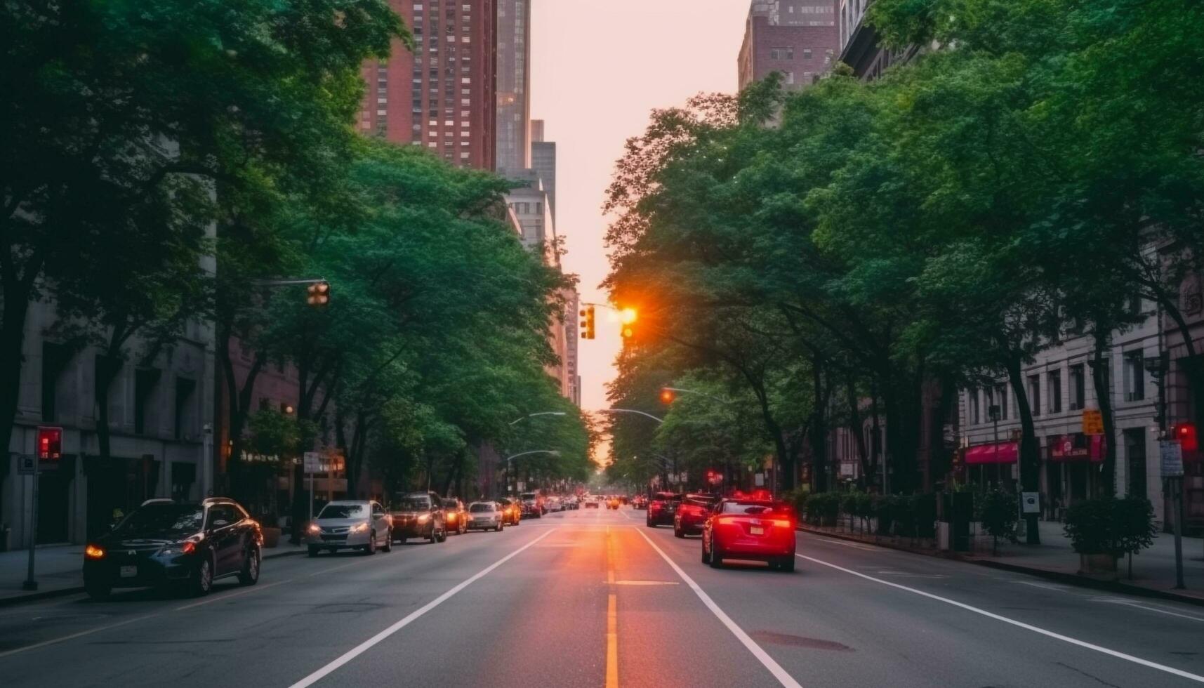 Illuminated skyscrapers blur in rush hour traffic, city nightlife awakens generated by AI photo