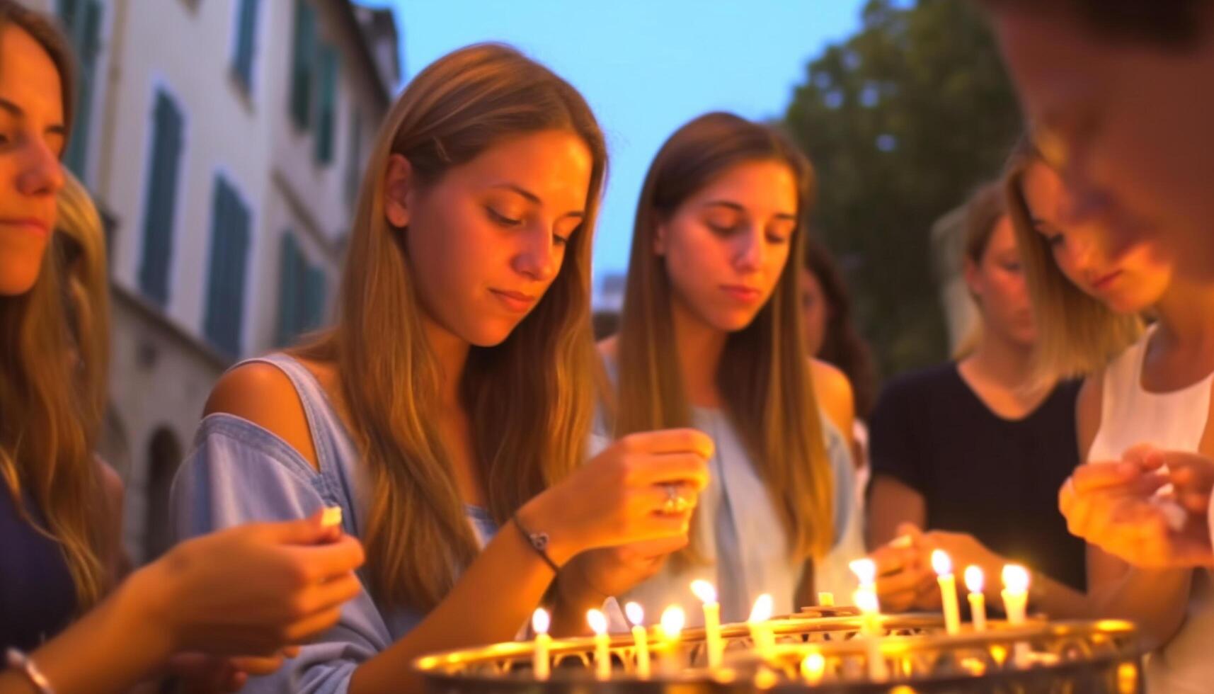 Young adults holding candle, smiling, bonding, celebrating friendship outdoors generated by AI photo