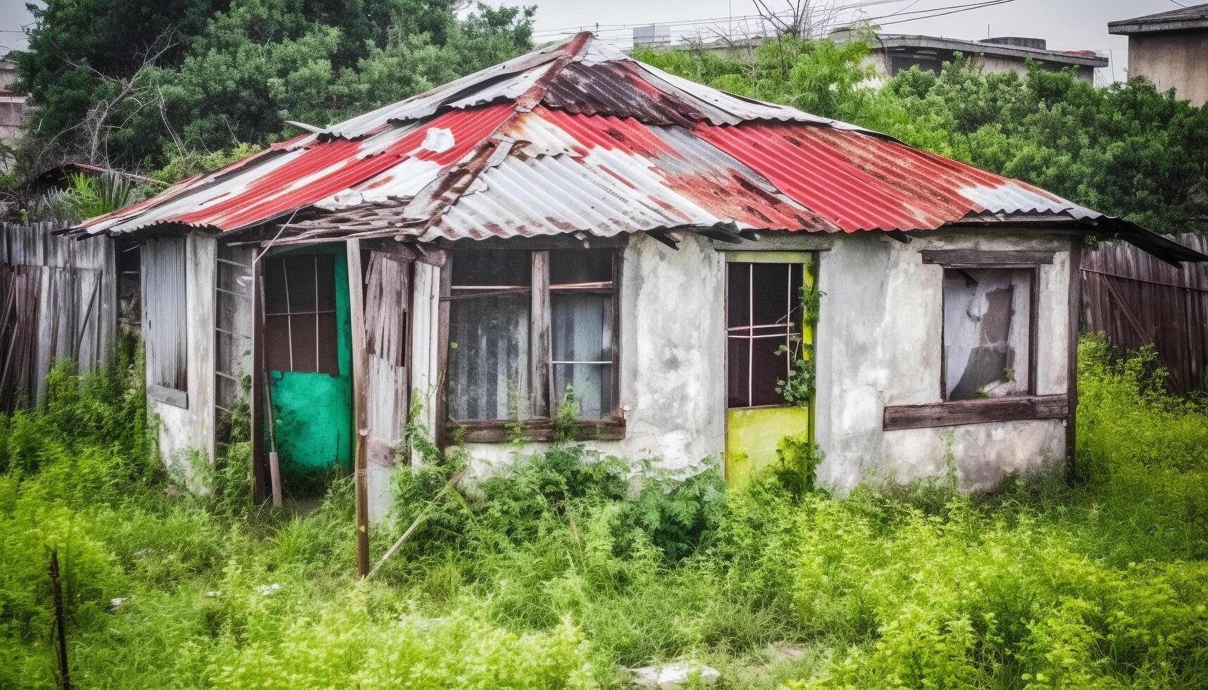 Weathered hut in abandoned rural scene surrounded by nature landscape generated by AI photo